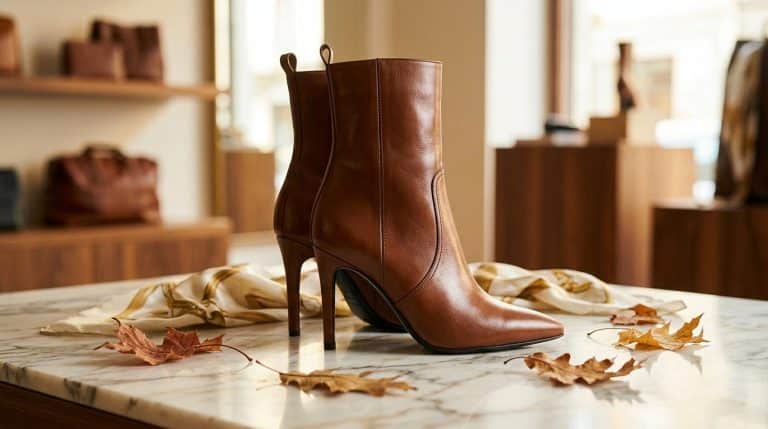 Botte en cuir marron avec talon haut sur table marbre