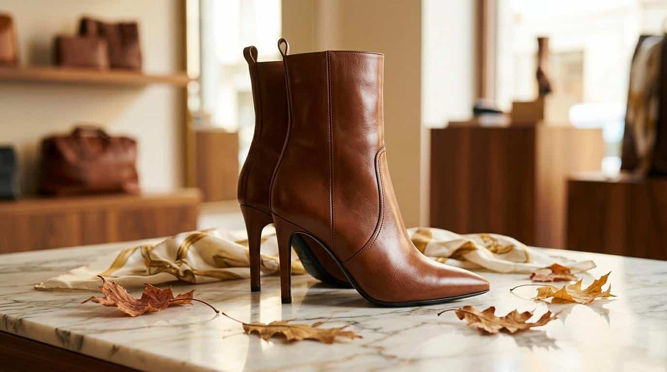 Botte en cuir marron avec talon haut sur table marbre