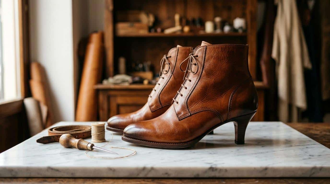 Bottines marron lacées avec outils de cordonnerie sur établi