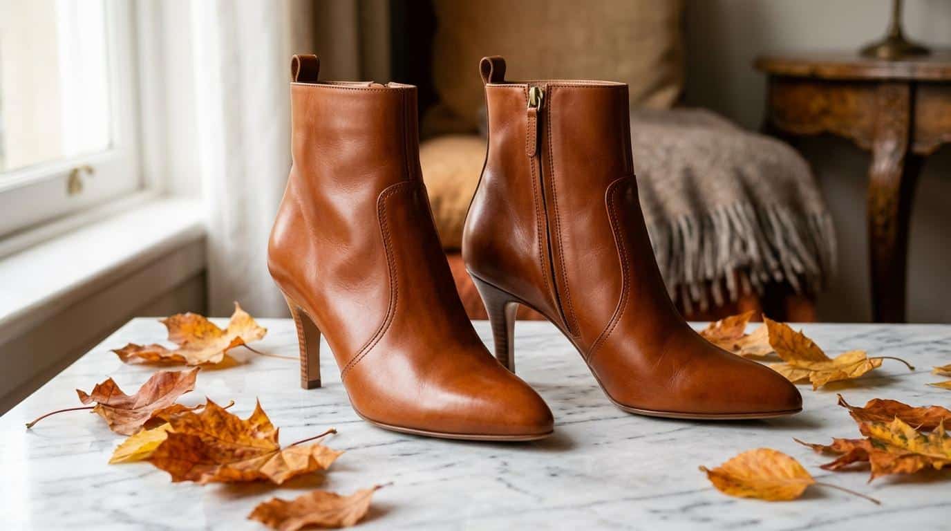 Deux bottines cognac sur table avec feuilles mortes