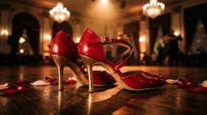 Escarpins rouges et or sur parquet de ballroom élégant