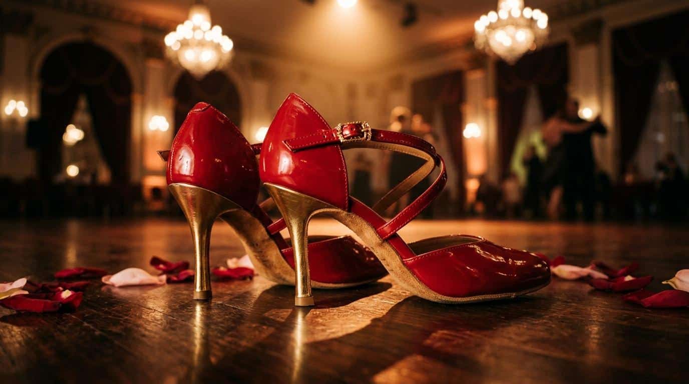 Escarpins rouges et or sur parquet de ballroom élégant