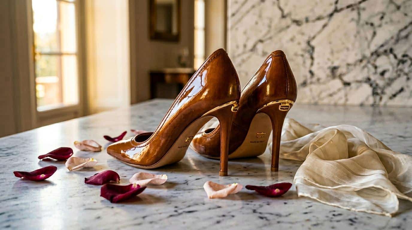 Escarpins vernis dorés avec pétales de rose et tissu blanc