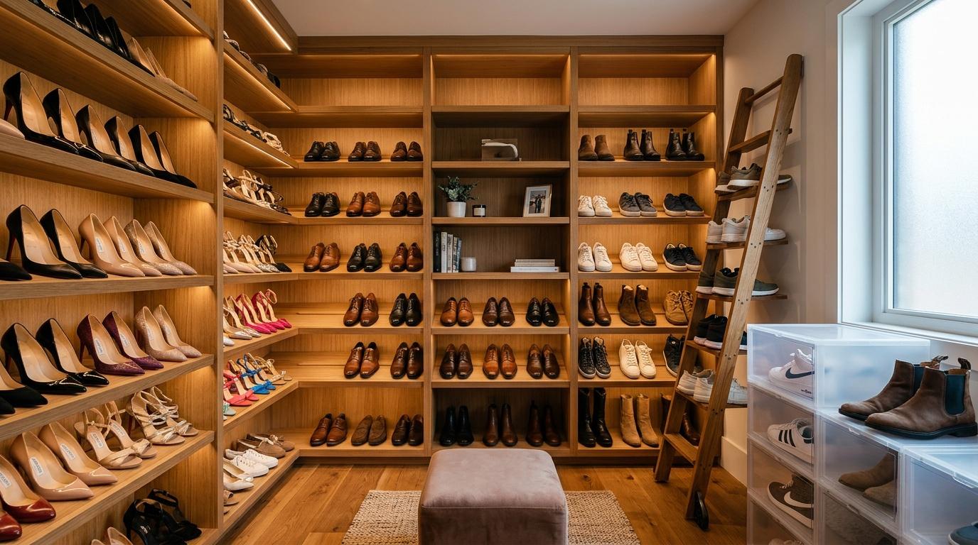 Vaste dressing en bois avec centaines chaussures organisées étagères