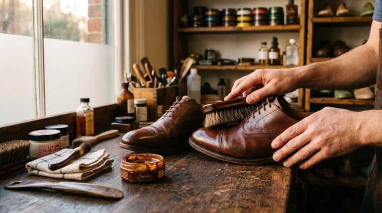 Homme brossant des chaussures marron sur établi d'artisan