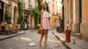 Femme en tenue élégante dans une rue européenne historique