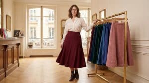 Femme présentant des jupes colorées sur un portant