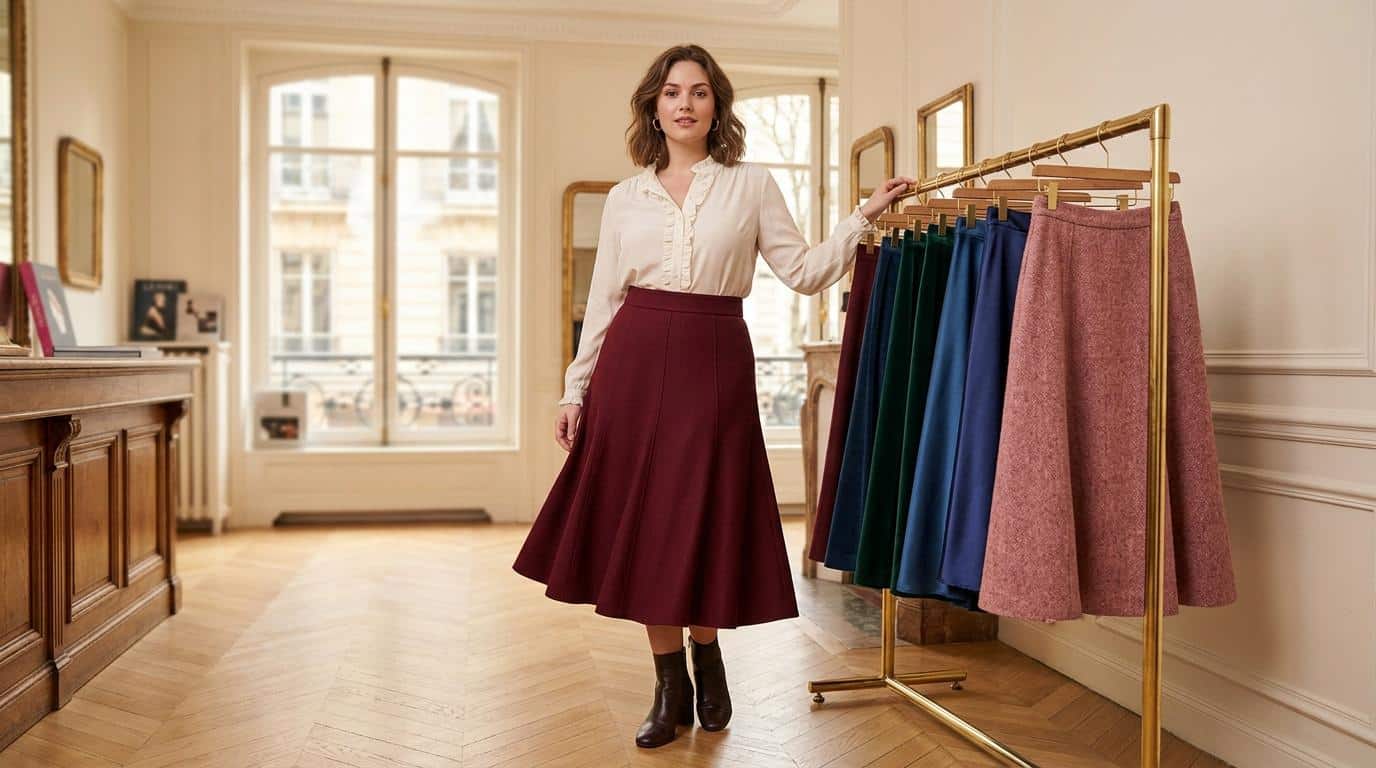 Femme présentant des jupes colorées sur un portant