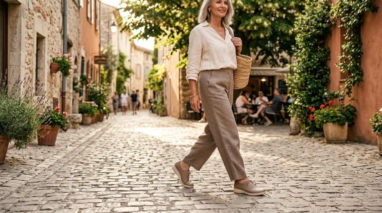 Femme souriante marchant dans une rue pavée pittoresque