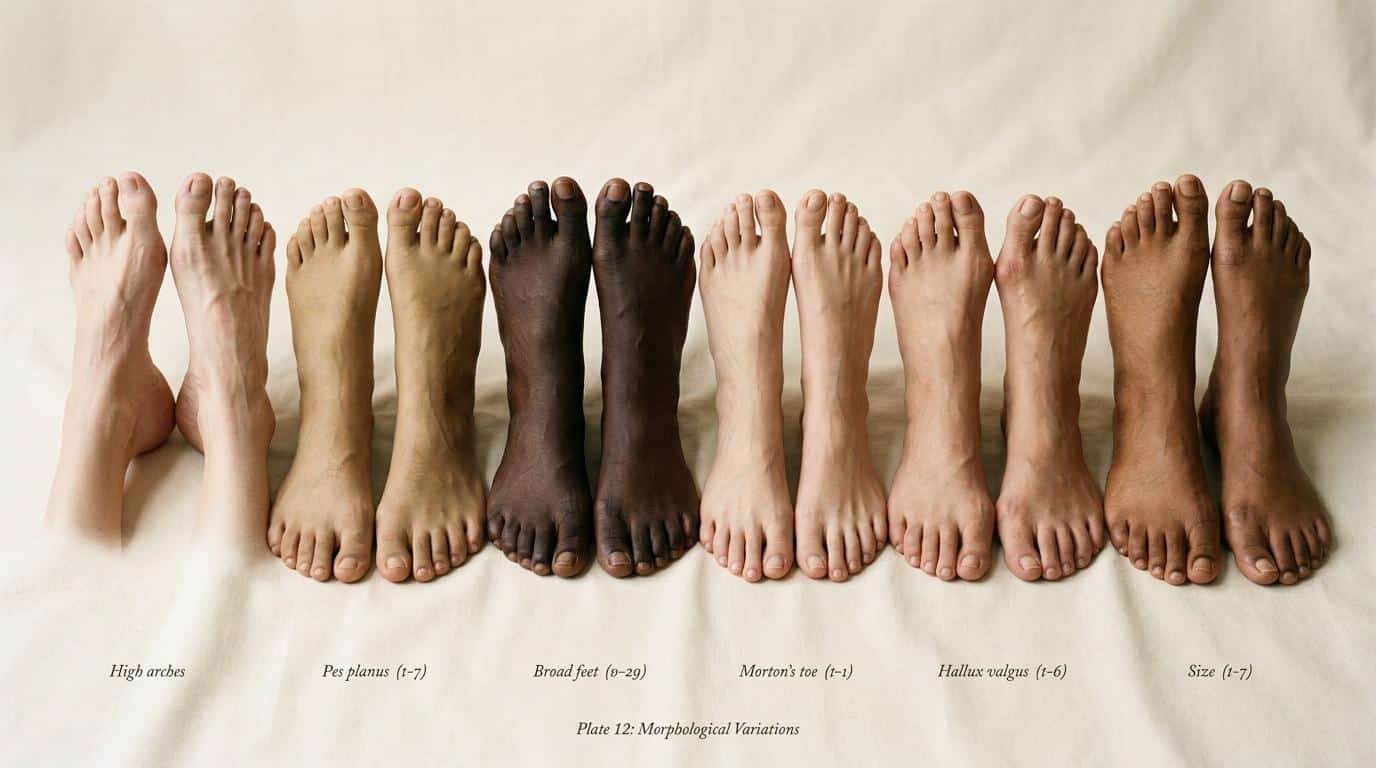 Douze pieds montrant différentes variations morphologiques et teintes de peau